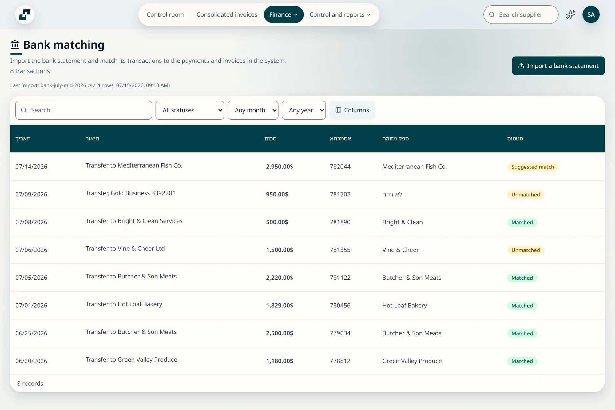 The bank reconciliation screen in InPlace: statement lines against the payments and invoices already in the system