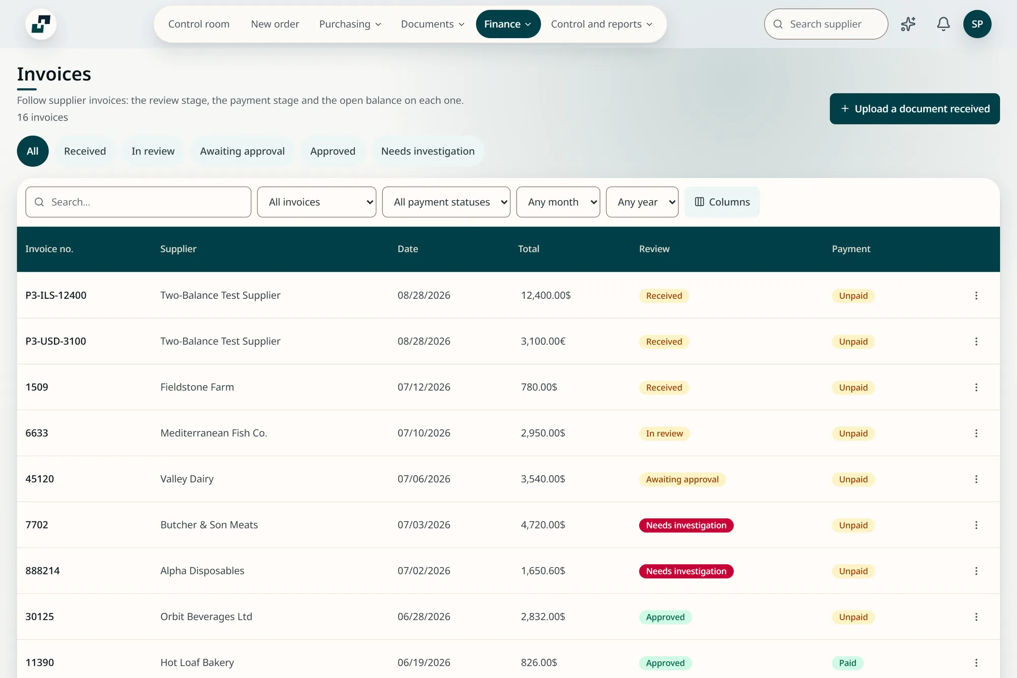 The invoice is checked before payment. InPlace product screen