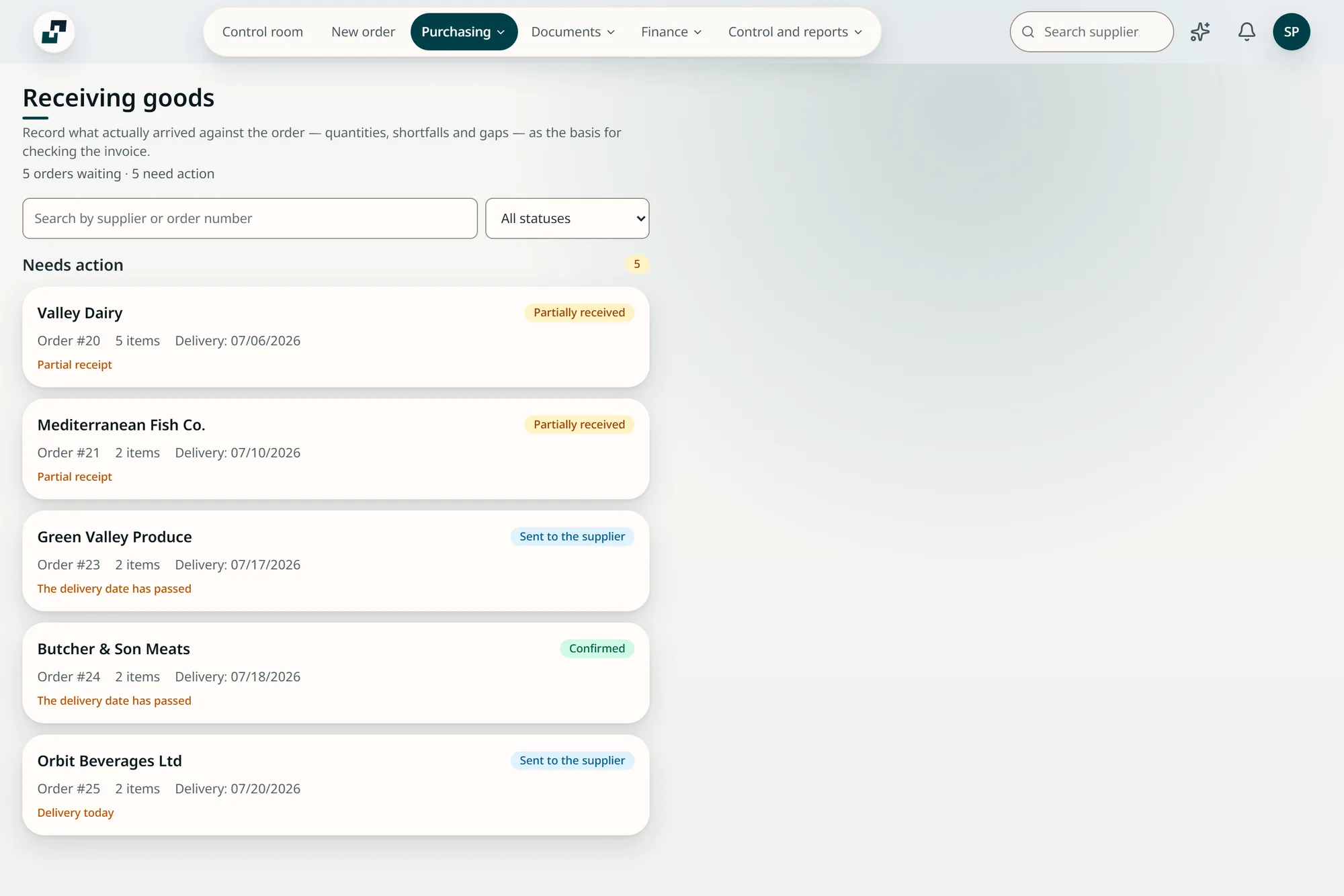 Record what arrived against what was ordered. InPlace product screen