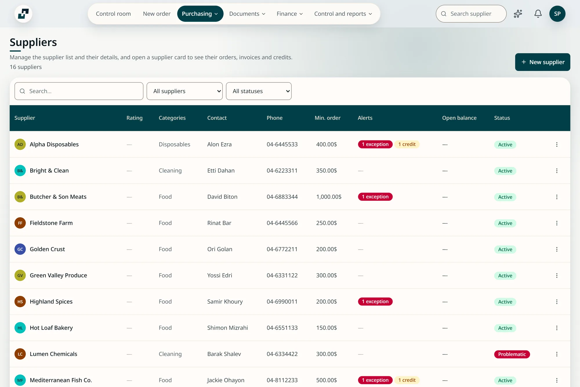 The suppliers screen in InPlace: every supplier with its category, contact, minimum order and open alerts